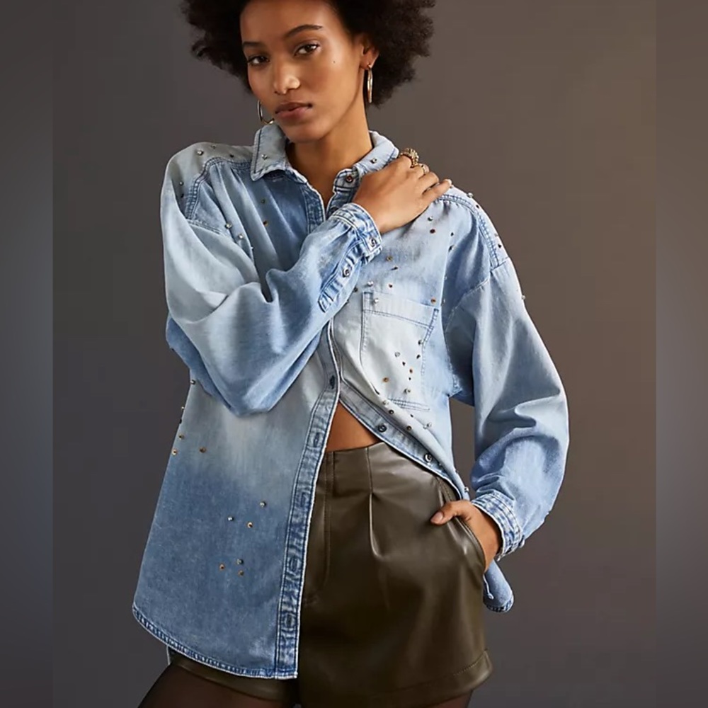 Anthropologie Light Blue Denim Button-Down Shirt with Stud Details